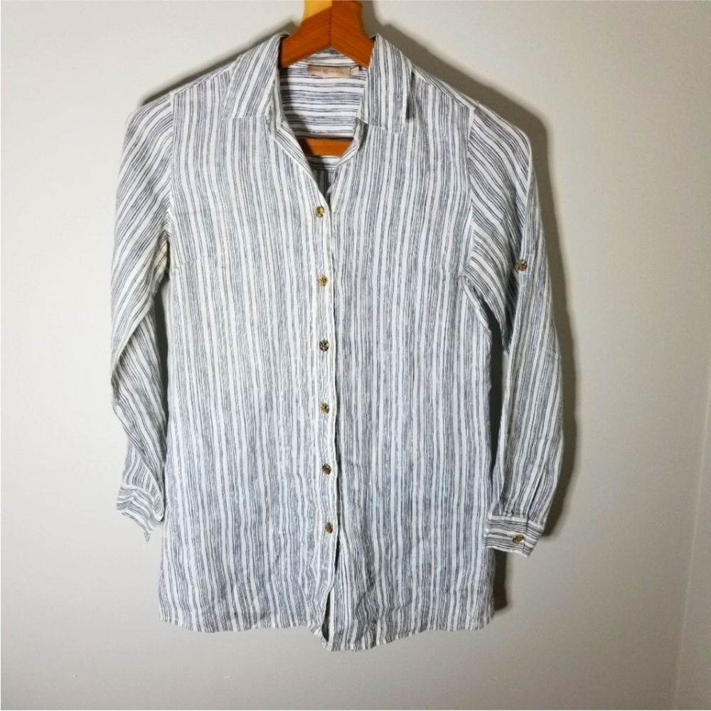 Tory Burch Striped Navy White Striped Linen Tunic Shirt Blouse Top XS